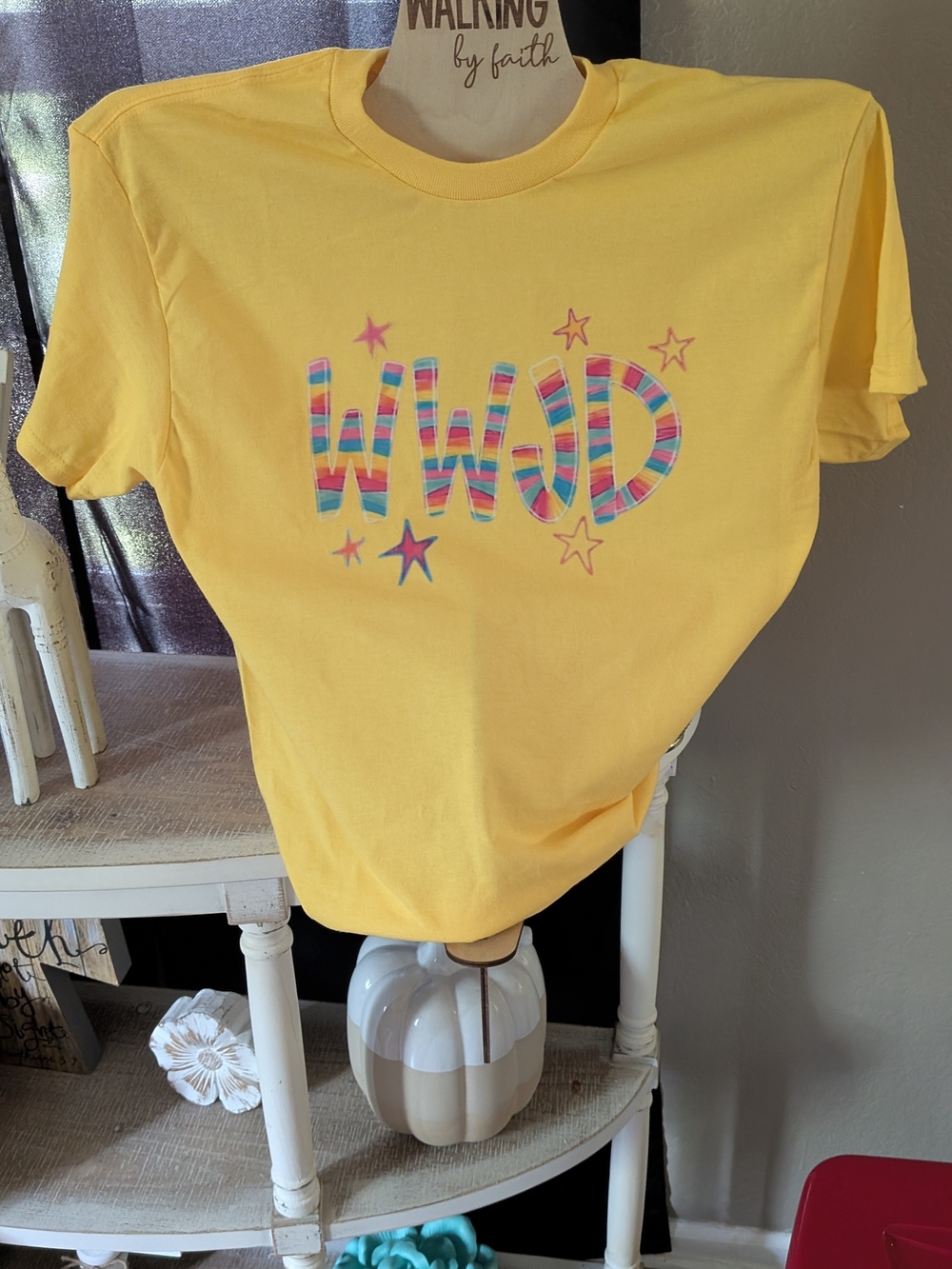 Gildan Yellow Short Sleeve Tee with Multicolor WWJD Graphic